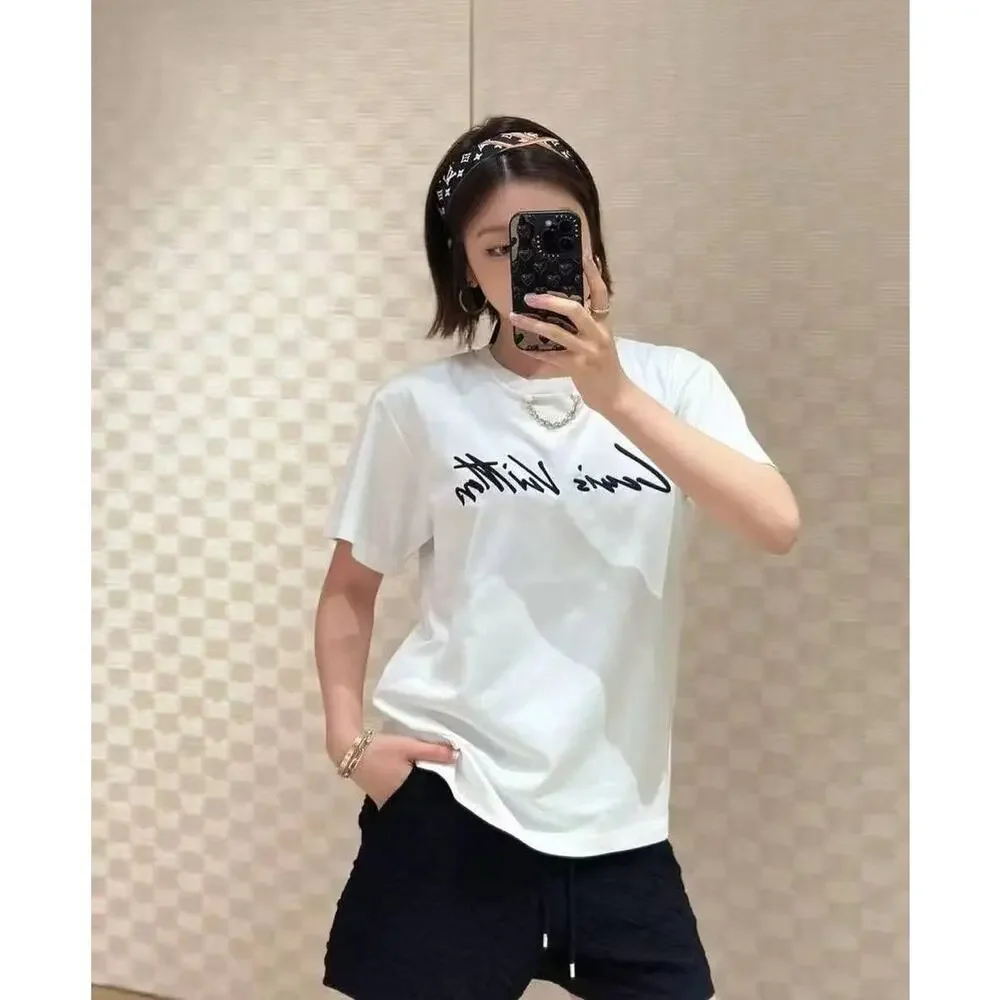LOUIS VUITTON Cursive Signature T-Shirt White Black Large Medium Women 1AII22